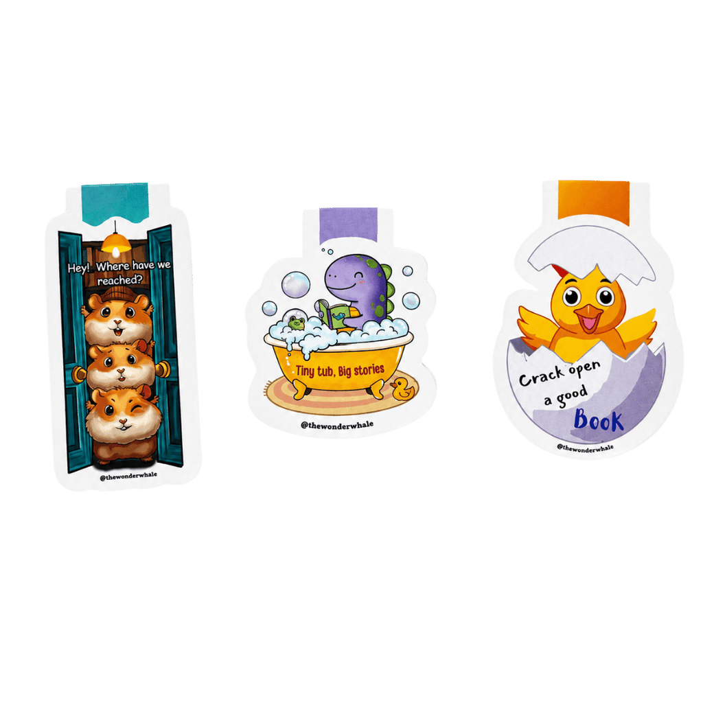 Collection of three cute magnetic bookmarks featuring a stack of hamsters peeking through a doorway, a purple dinosaur reading in a bubble bath, and a cheerful chick hatching from an egg, each with a playful reading-themed quote.