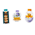 Collection of three cute magnetic bookmarks featuring a stack of hamsters peeking through a doorway, a purple dinosaur reading in a bubble bath, and a cheerful chick hatching from an egg, each with a playful reading-themed quote.