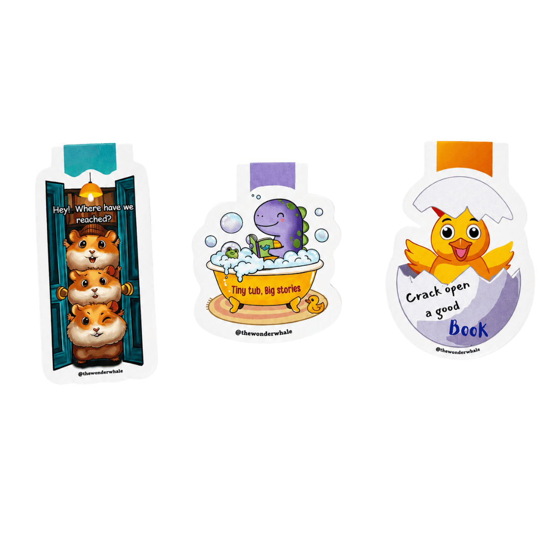 Collection of three cute magnetic bookmarks featuring a stack of hamsters peeking through a doorway, a purple dinosaur reading in a bubble bath, and a cheerful chick hatching from an egg, each with a playful reading-themed quote.