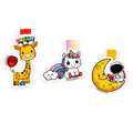 Collection of three cute magnetic bookmarks featuring a cheerful giraffe with the words "Dream Big," a smiling unicorn with a rainbow and cloud, and an astronaut sitting on a crescent moon holding a rocket.