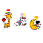 Collection of three cute magnetic bookmarks featuring a cheerful giraffe with the words "Dream Big," a smiling unicorn with a rainbow and cloud, and an astronaut sitting on a crescent moon holding a rocket.
