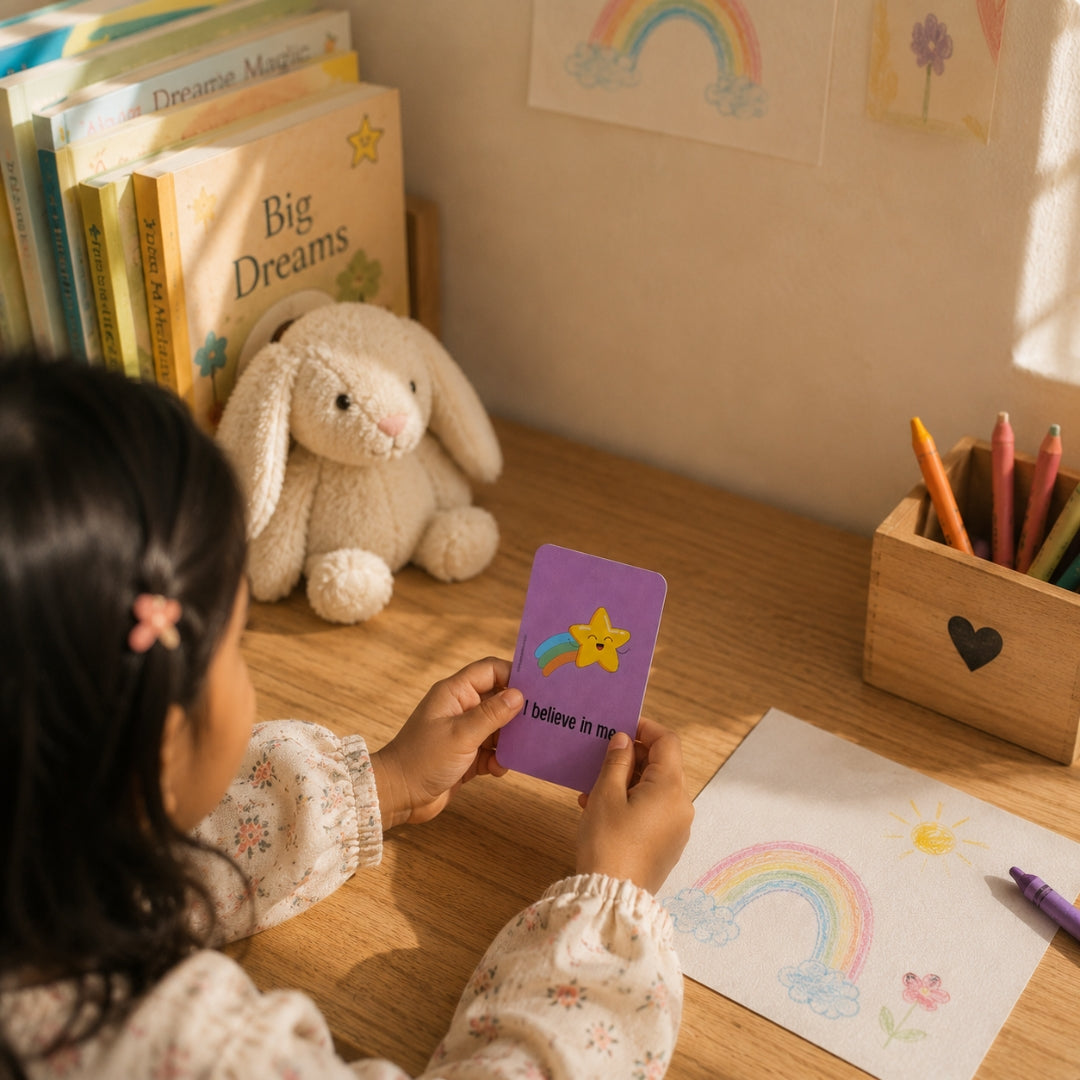 Child holding a purple card with a star and rainbow, surrounded by books, a stuffed rabbit, and art supplies on a wooden desk.