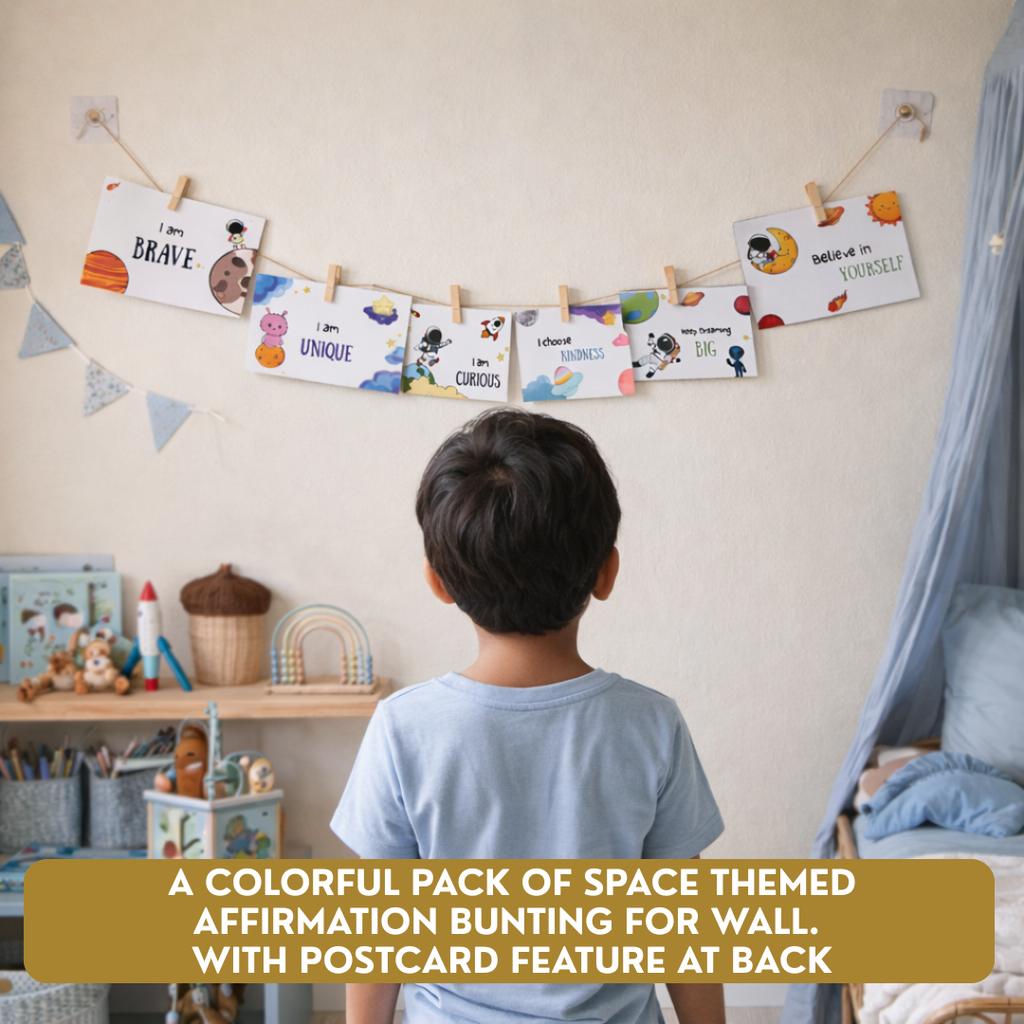 A child viewed from behind stands in a nursery, looking at a string of colorful space-themed affirmation cards hung on the wall. The cards include phrases like 'I am BRAVE', 'I am UNIQUE', and 'I am CHOOX'.