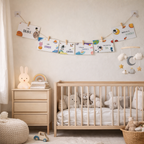 A styled baby nursery featuring a light wood crib with plush toys, a matching wooden side table with a rabbit lamp, and a string banner of motivational cards hanging on the wall.