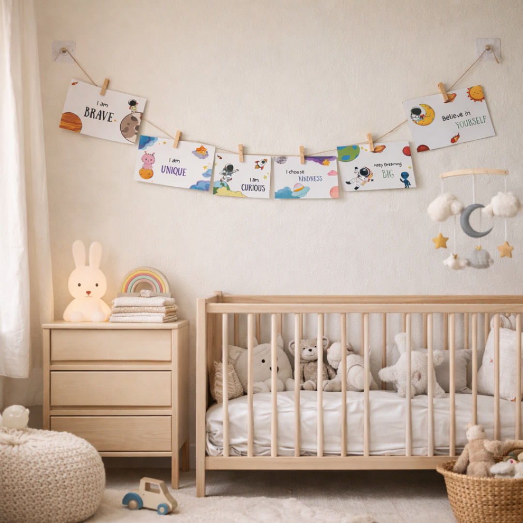 A styled baby nursery featuring a light wood crib with plush toys, a matching wooden side table with a rabbit lamp, and a string banner of motivational cards hanging on the wall.