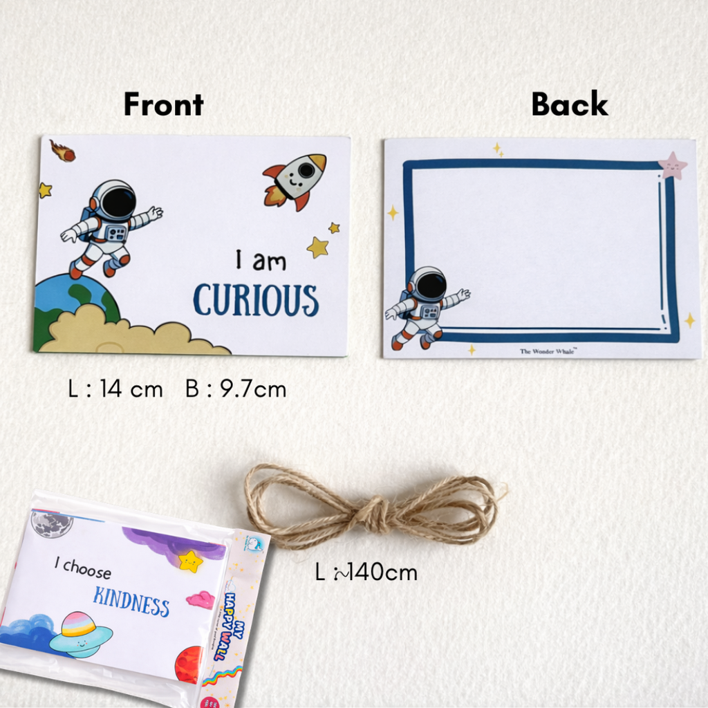 Customizable astronaut-themed notepads shown with front and back views, dimensions, and a packaged sample on a textured white background. The front pad features a colorful astronaut, rocket, Earth, and the text 'I am CURIOUS,' while the back pad has a blue border.