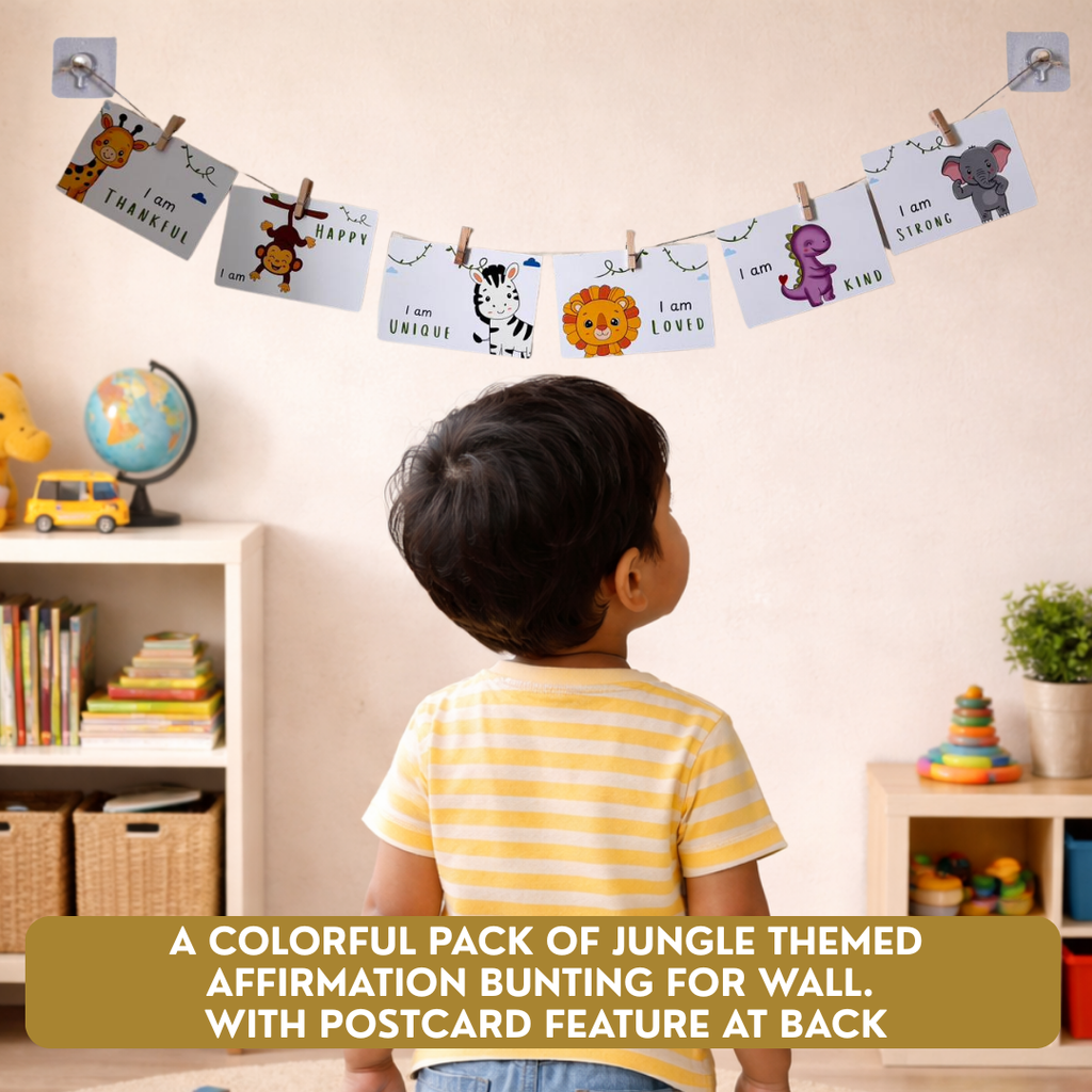 A child in a yellow and white striped shirt stands with their back to the camera, looking up at a wall-mounted jungle-themed affirmation bunting garland. The garland features small cards with animal illustrations and positive phrases like 'I am wise', 'I am happy', and 'I am kind'.