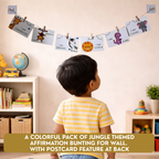 A child in a yellow and white striped shirt stands with their back to the camera, looking up at a wall-mounted jungle-themed affirmation bunting garland. The garland features small cards with animal illustrations and positive phrases like 'I am wise', 'I am happy', and 'I am kind'.