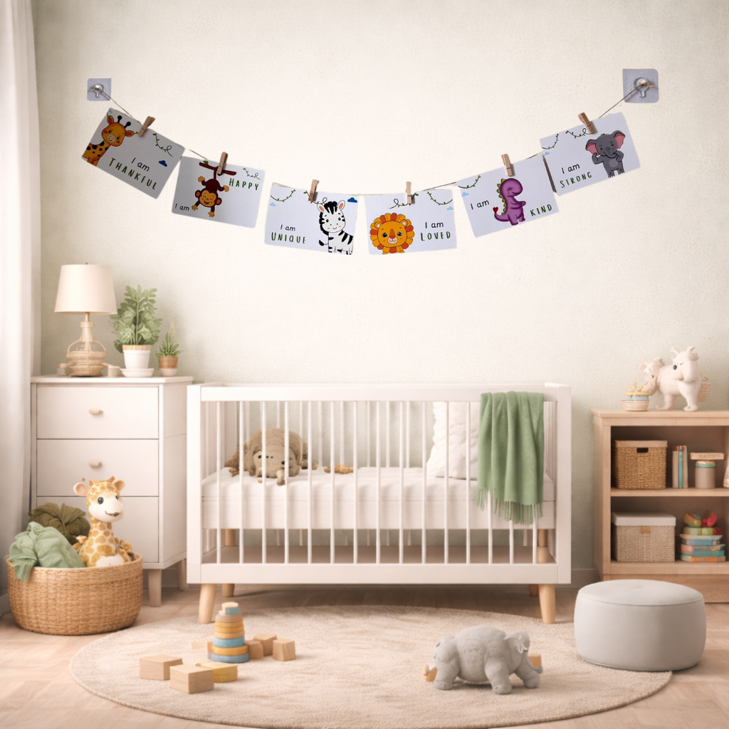 A styled nursery room with a white crib, dresser, bookshelf, rug, and toys, featuring a decorative wall banner made of clipped cards that say phrases like 'I am happy' and 'I am cute' with cartoon animal illustrations.