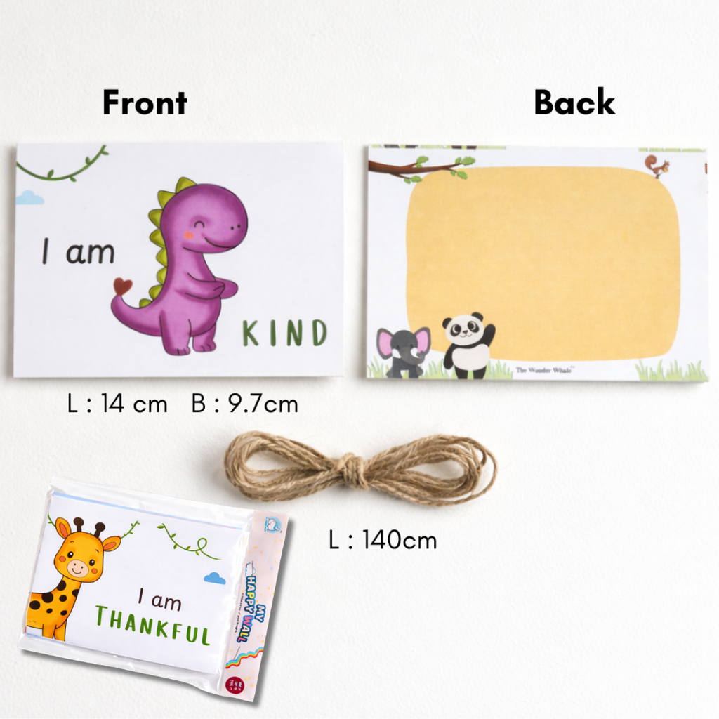 Jungle-themed children's thank you and kind cards shown with front and back views, a bundle of twine, and dimensions labeled on a white background.