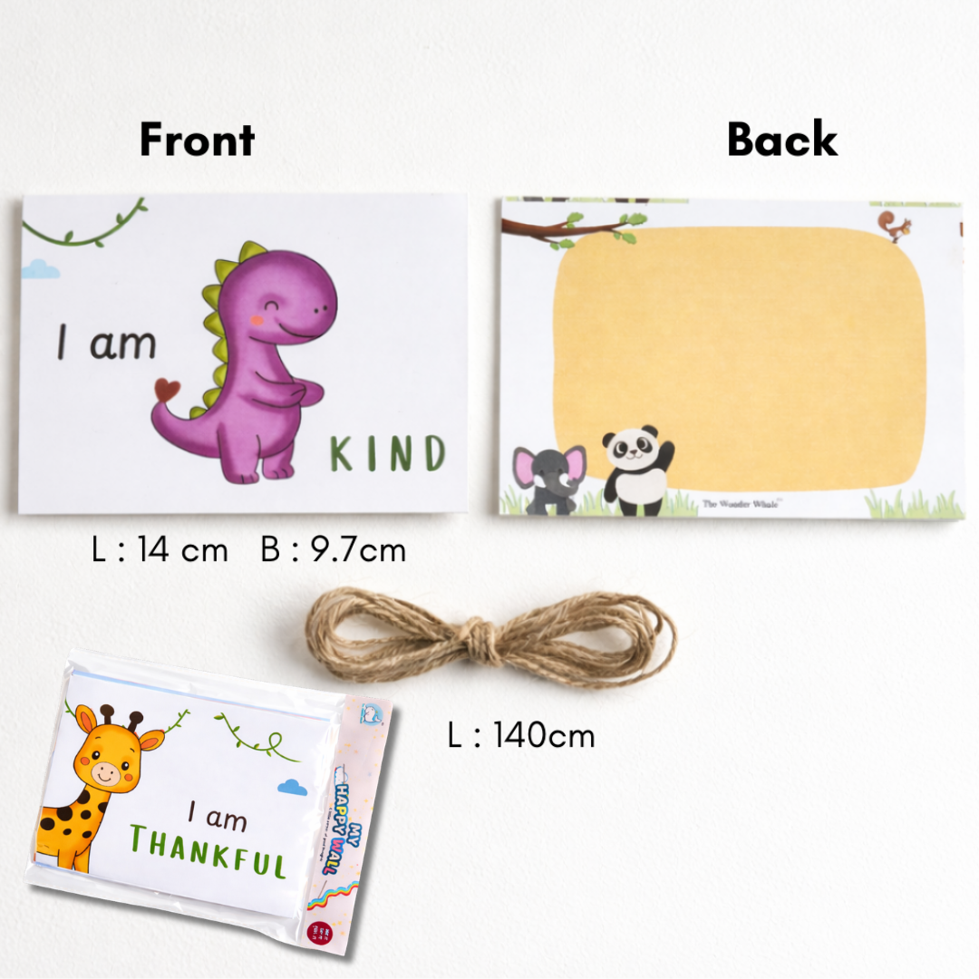 Jungle-themed children's thank you and kind cards shown with front and back views, a bundle of twine, and dimensions labeled on a white background.