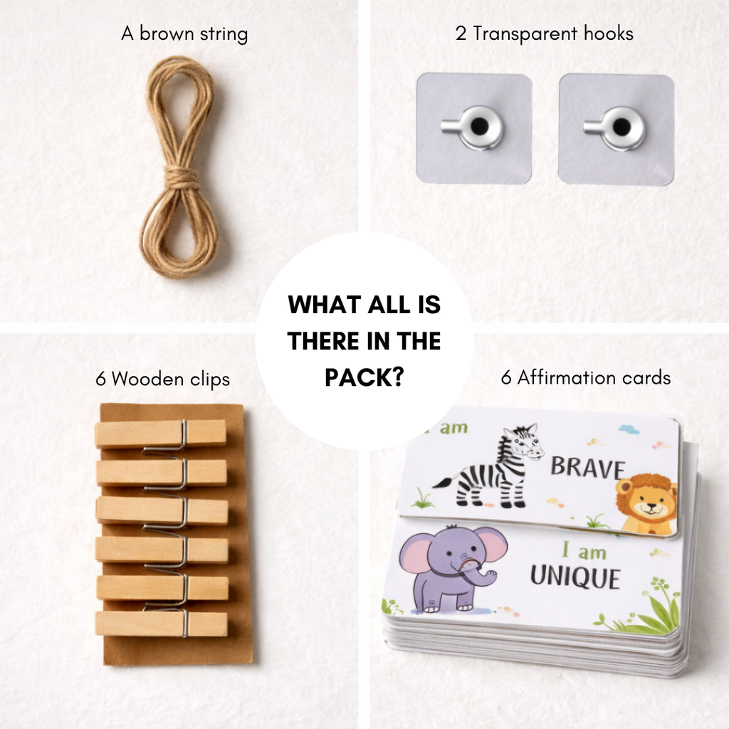 Packaging of wooden clips, brown string, transparent hooks, and affirmation cards on a white background.
