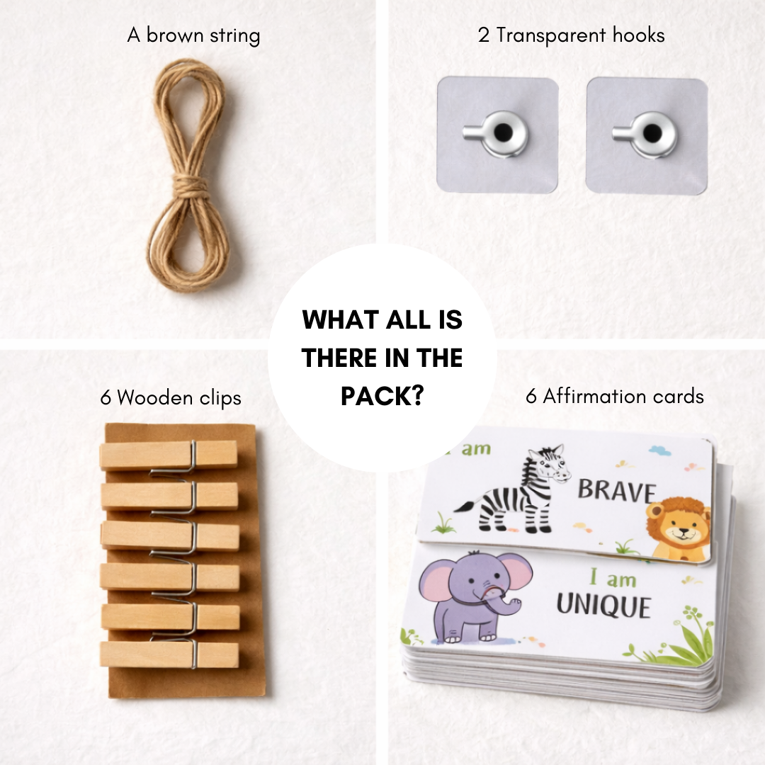 Packaging of wooden clips, brown string, transparent hooks, and affirmation cards on a white background.
