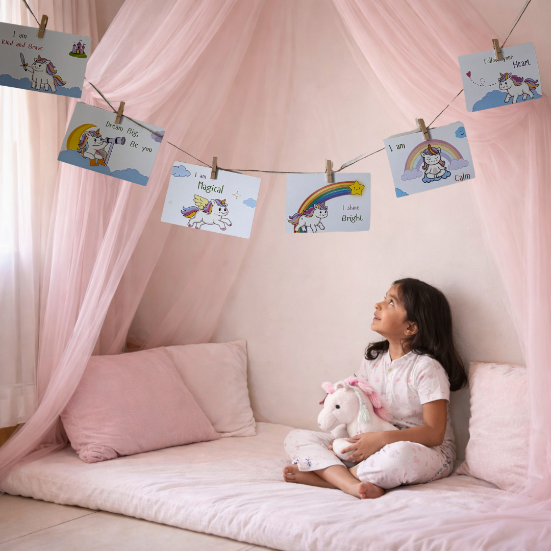 Child sitting on a bed with pink canopy and motivational cards, holding a unicorn plush toy.