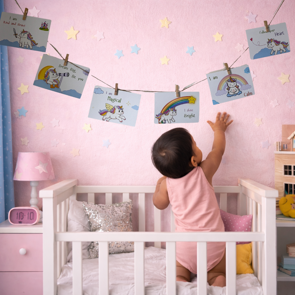 A baby in a pink outfit stands in a white crib, reaching up at a string of personalized unicorn and rainbow clip-art cards hanging on a pink wall.
