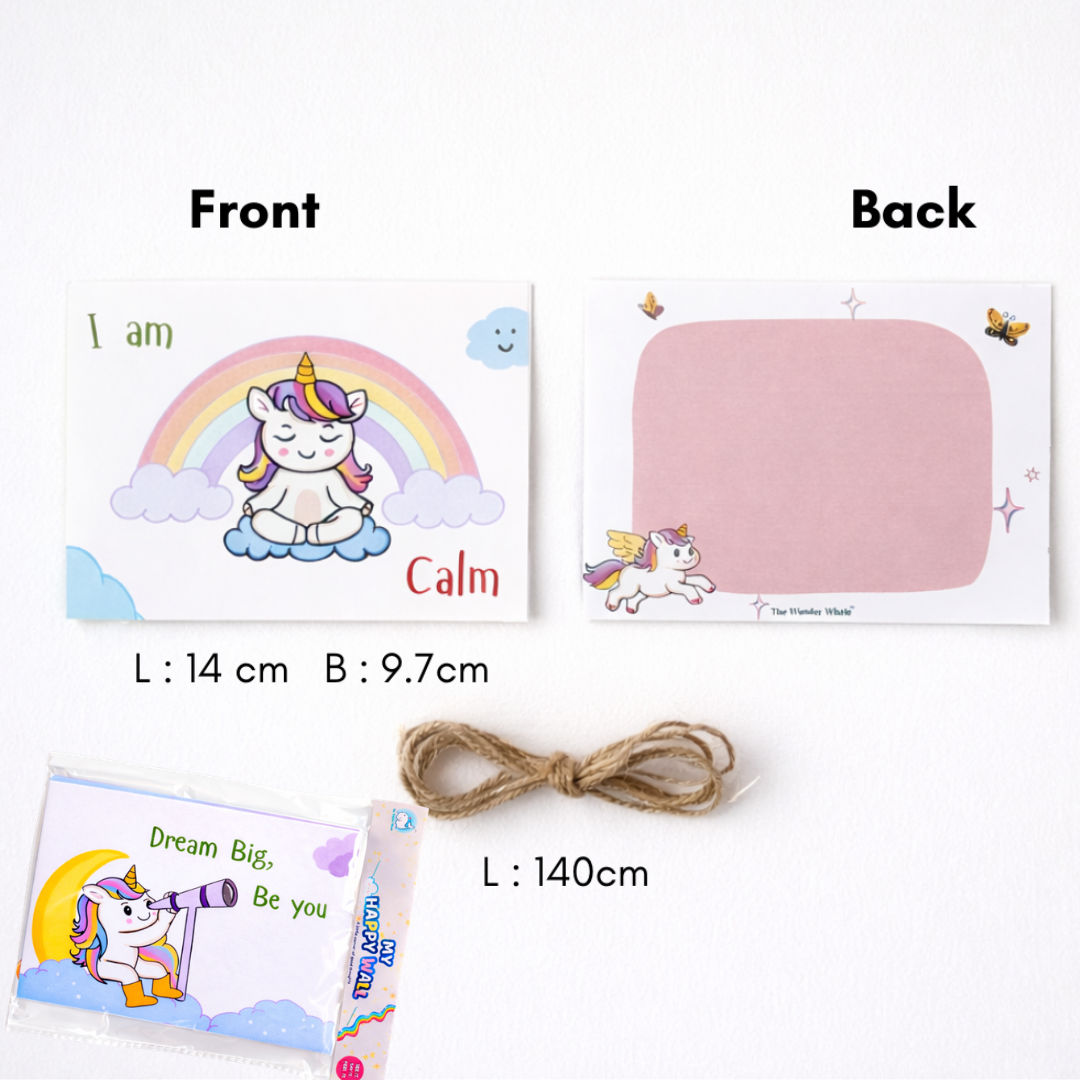 A product display showing a white rectangular card with a pastel pink center panel labeled 'Back' and a printed unicorn illustration labeled 'Front'. The image includes front/back views, dimensions (14 cm by 9.
