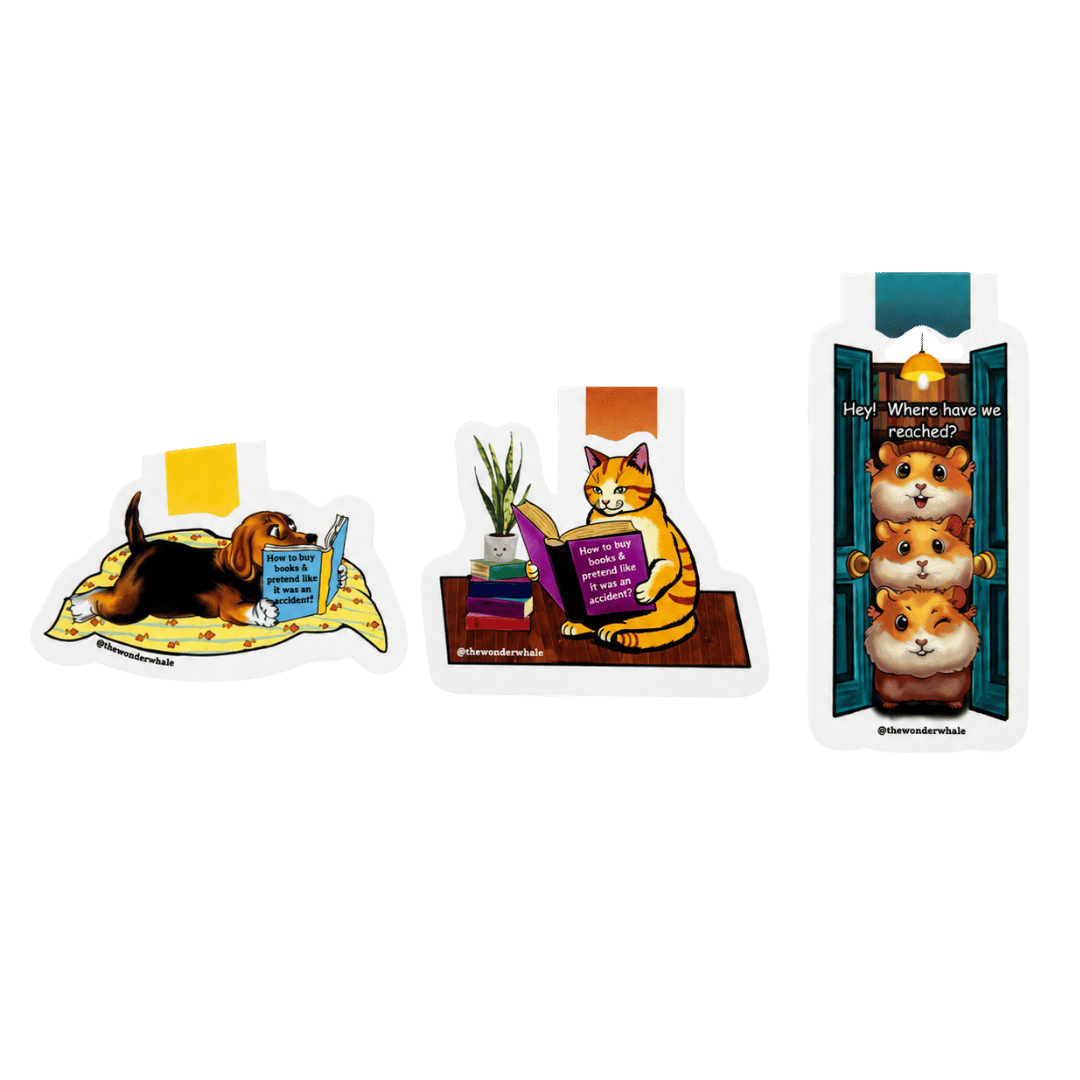 Collection of three cute magnetic bookmarks featuring a sleeping dachshund with a stack of books, an orange cat reading a book beside a potted plant, and three adorable hamsters peeking through a doorway with the quote "Hey! Where have we reached?"