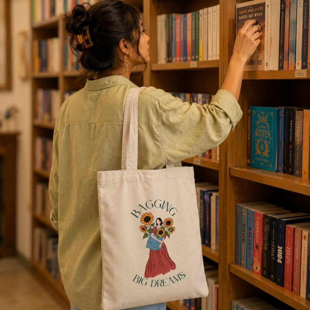 Person in a library holding a The Wonder whale tote bag with a design and text "bagging big dreams", reaching for a book. 