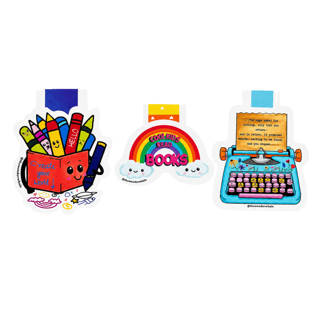 Collection of three colorful magnetic bookmarks featuring smiling crayons in a pencil holder with the phrase "Create Your World," a rainbow reading "Cool Kids Read Books," and a vintage typewriter with an inspiring quote celebrating reading and writing.