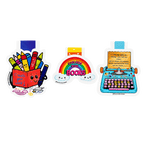 Collection of three colorful magnetic bookmarks featuring smiling crayons in a pencil holder with the phrase "Create Your World," a rainbow reading "Cool Kids Read Books," and a vintage typewriter with an inspiring quote celebrating reading and writing.