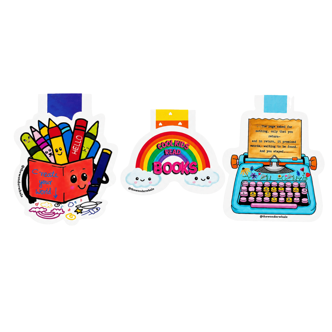 Collection of three colorful magnetic bookmarks featuring smiling crayons in a pencil holder with the phrase "Create Your World," a rainbow reading "Cool Kids Read Books," and a vintage typewriter with an inspiring quote celebrating reading and writing.