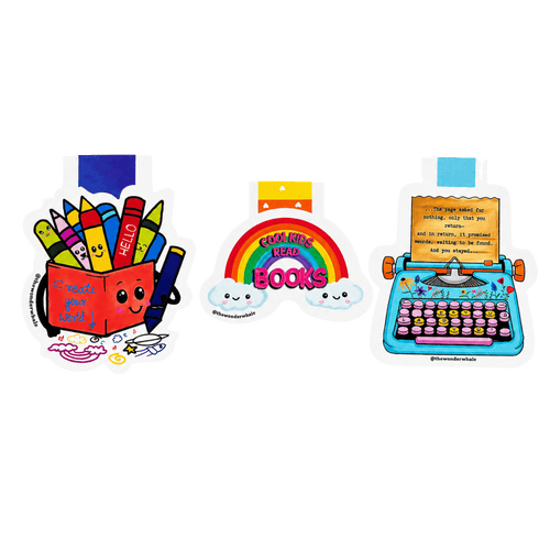 Collection of three colorful magnetic bookmarks featuring smiling crayons in a pencil holder with the phrase "Create Your World," a rainbow reading "Cool Kids Read Books," and a vintage typewriter with an inspiring quote celebrating reading and writing.