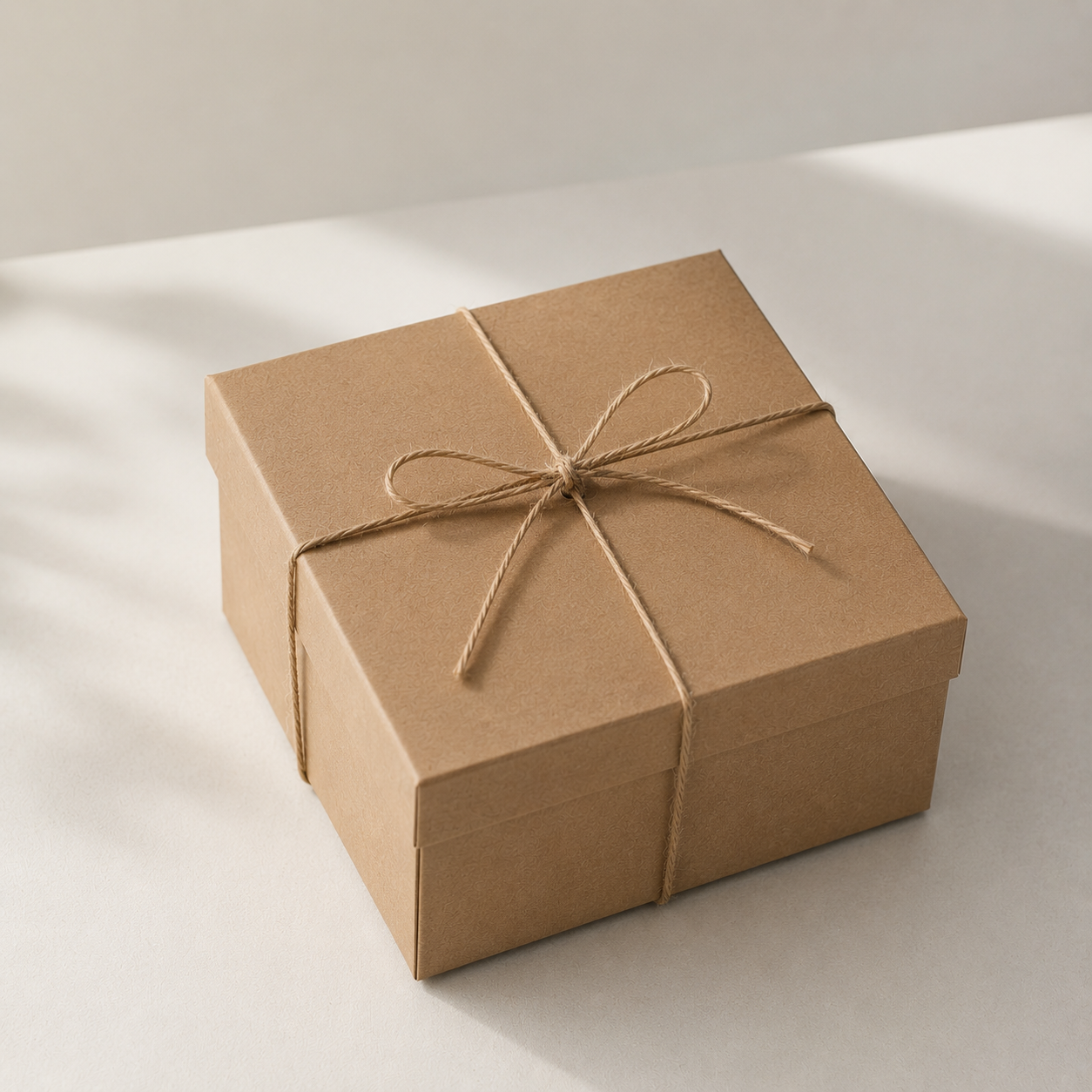 Brown paper box with a string bow on a light background